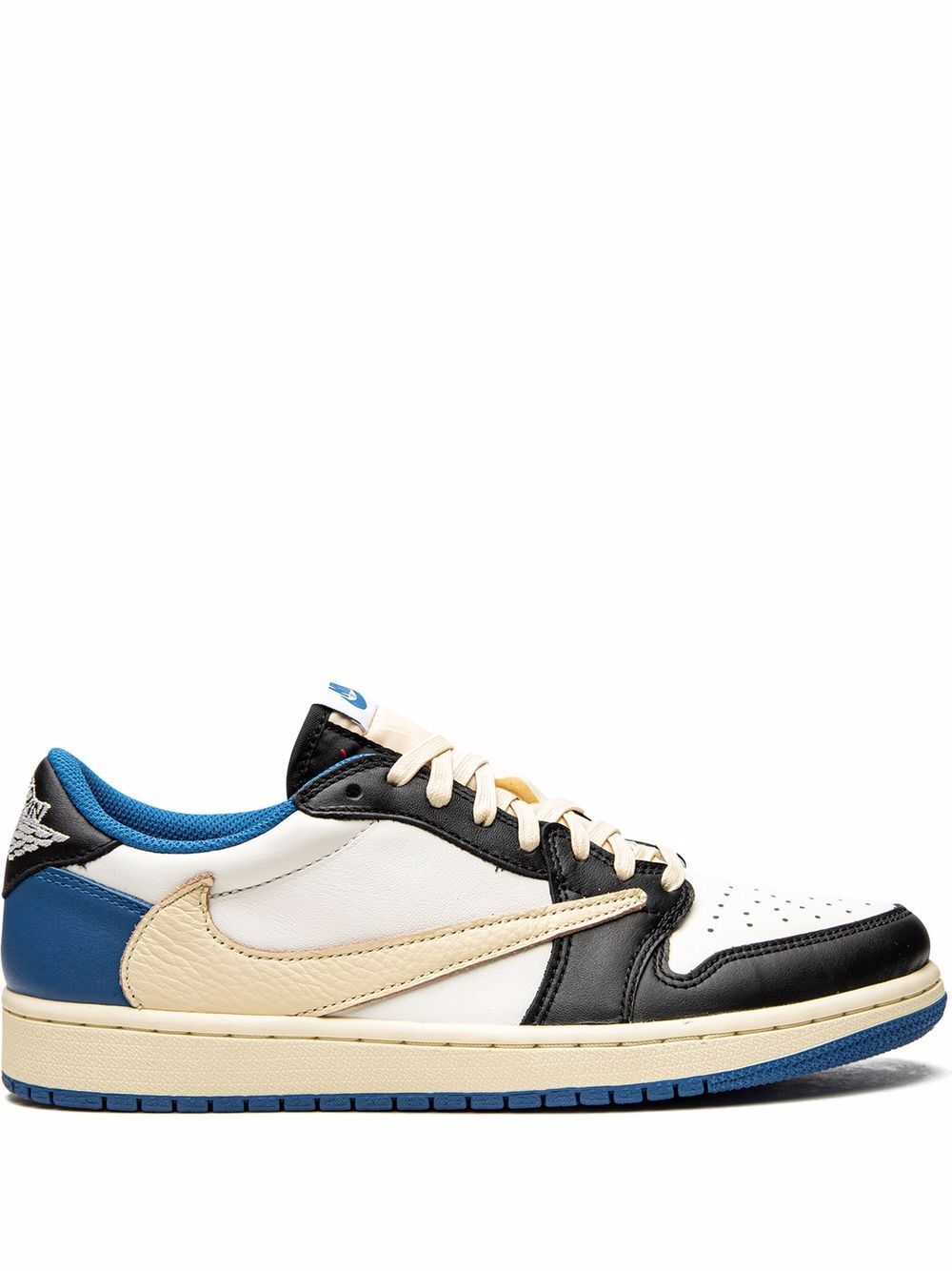 Multicolor sneaker with black, white, blue, and beige accents on a white background