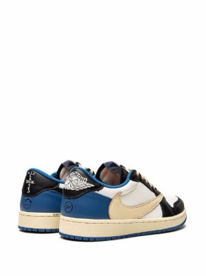 Pair of sneakers with a blue, black, and beige color scheme on a white background